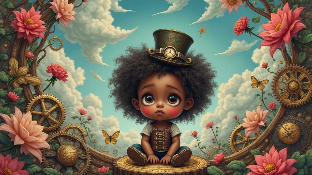 Whimsical Steampunk Toddler in Vibrant Dreamscape