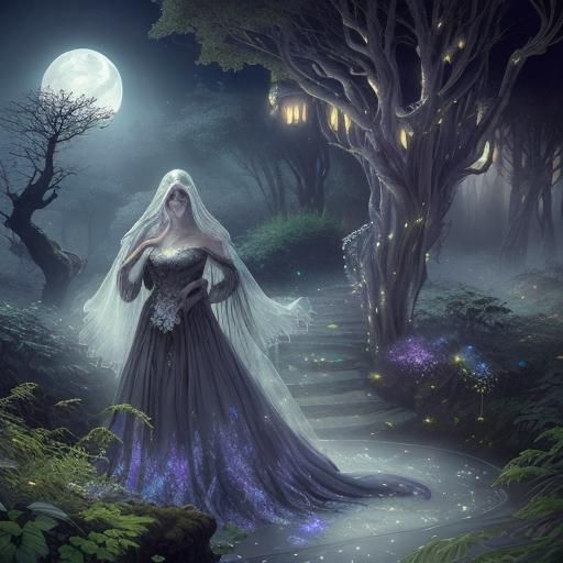 Woman in a diaphanous, silky evening gown with delicate lace...