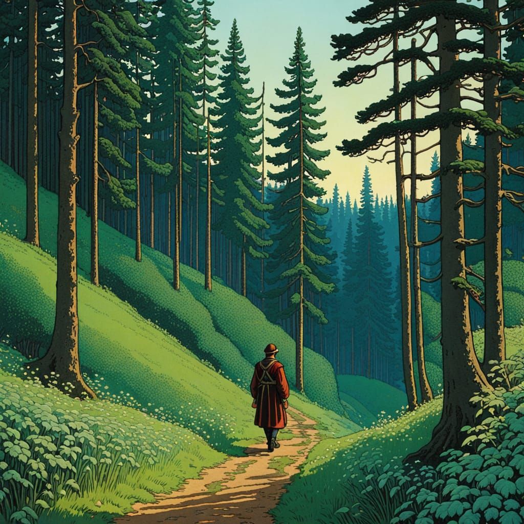 Forest Clearing in Bilibin Storybook Style