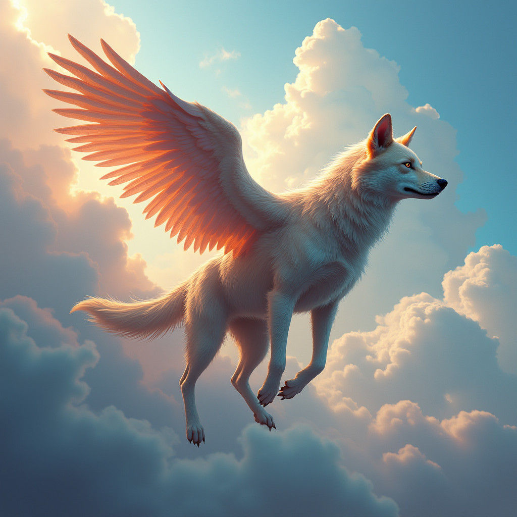 Winged Dog Soaring in Dreamlike Matte Painting
