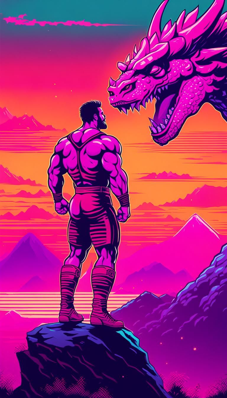 Neon Wrestler and Dragon in Synthwave Style