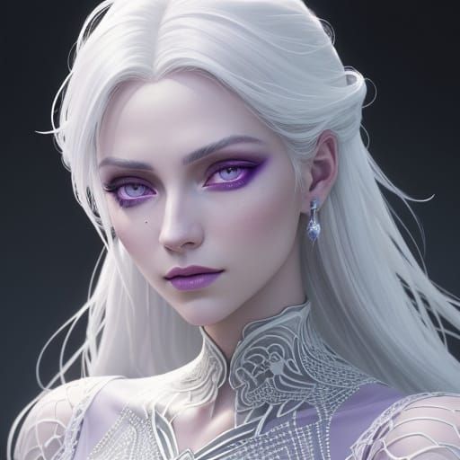 Ethereal Woman with White Hair and Purple Eyes