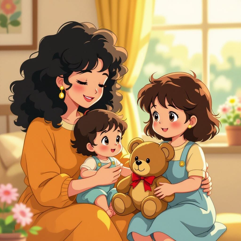 Heartwarming 80s Cartoon Family Scene with Baby Bubu