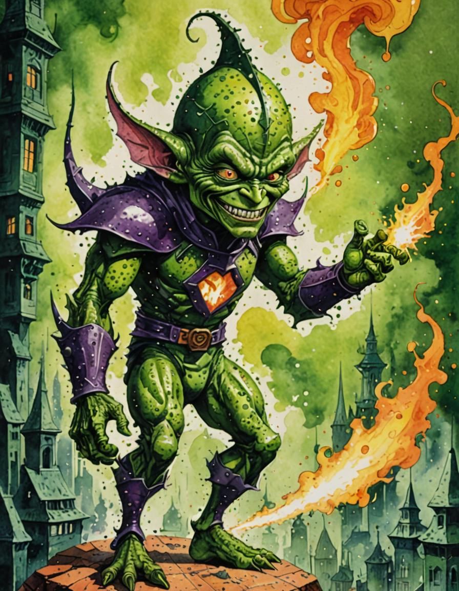 Art Deco Green Goblin in Watercolor Pointillism