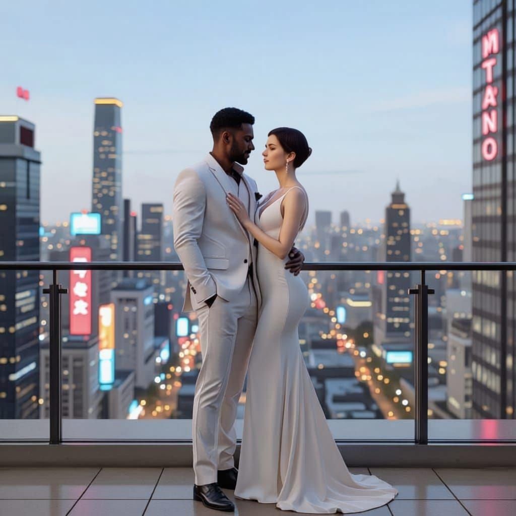 Couple on Balcony Overlooking Futuristic City at Dusk