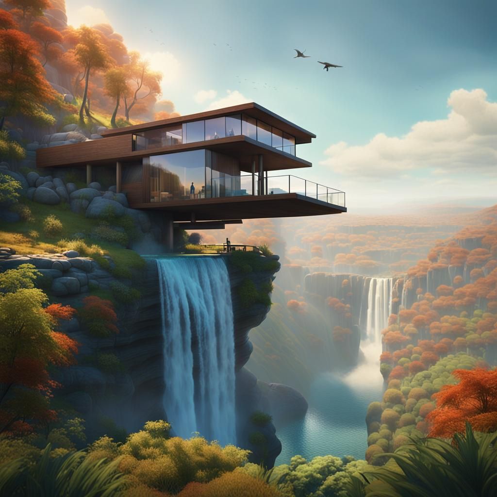 Impossible Cliffside House with Waterfall in Golden Hour