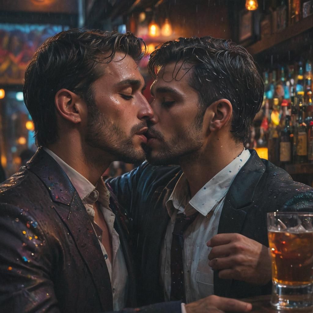 Men Kissing in Dimly Lit Bar with Street Art