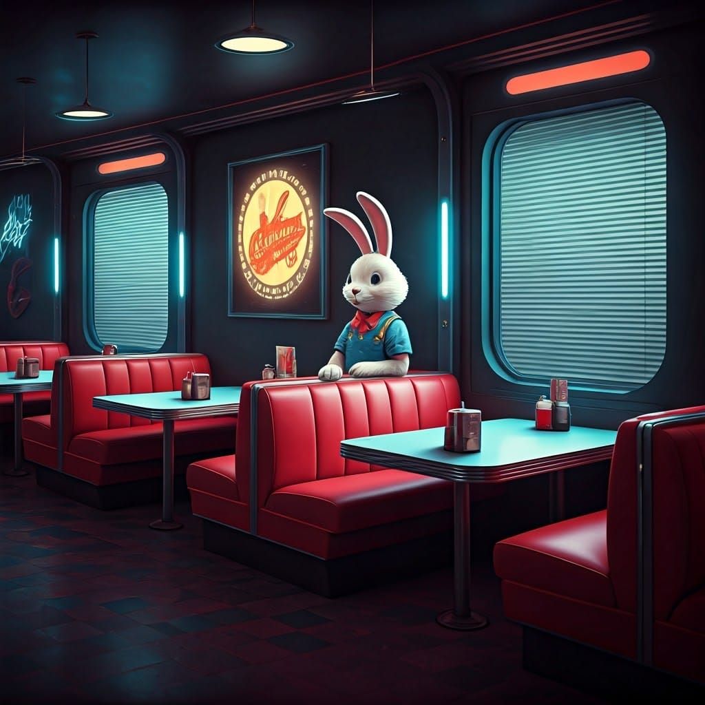 Retro Diner Scene with Rabbit Mascot in Futuristic Whimsy