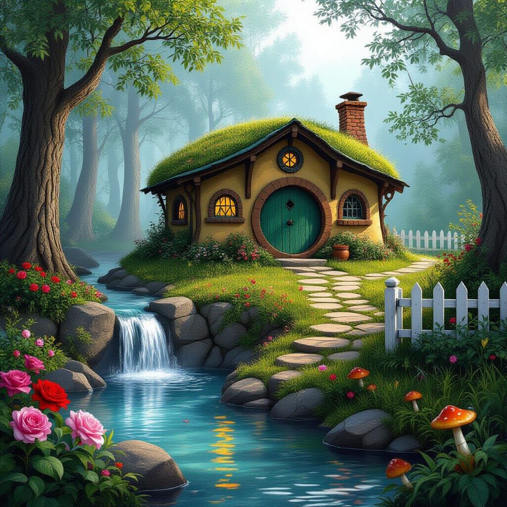 Charming Hobbit House in Forest with Waterfall