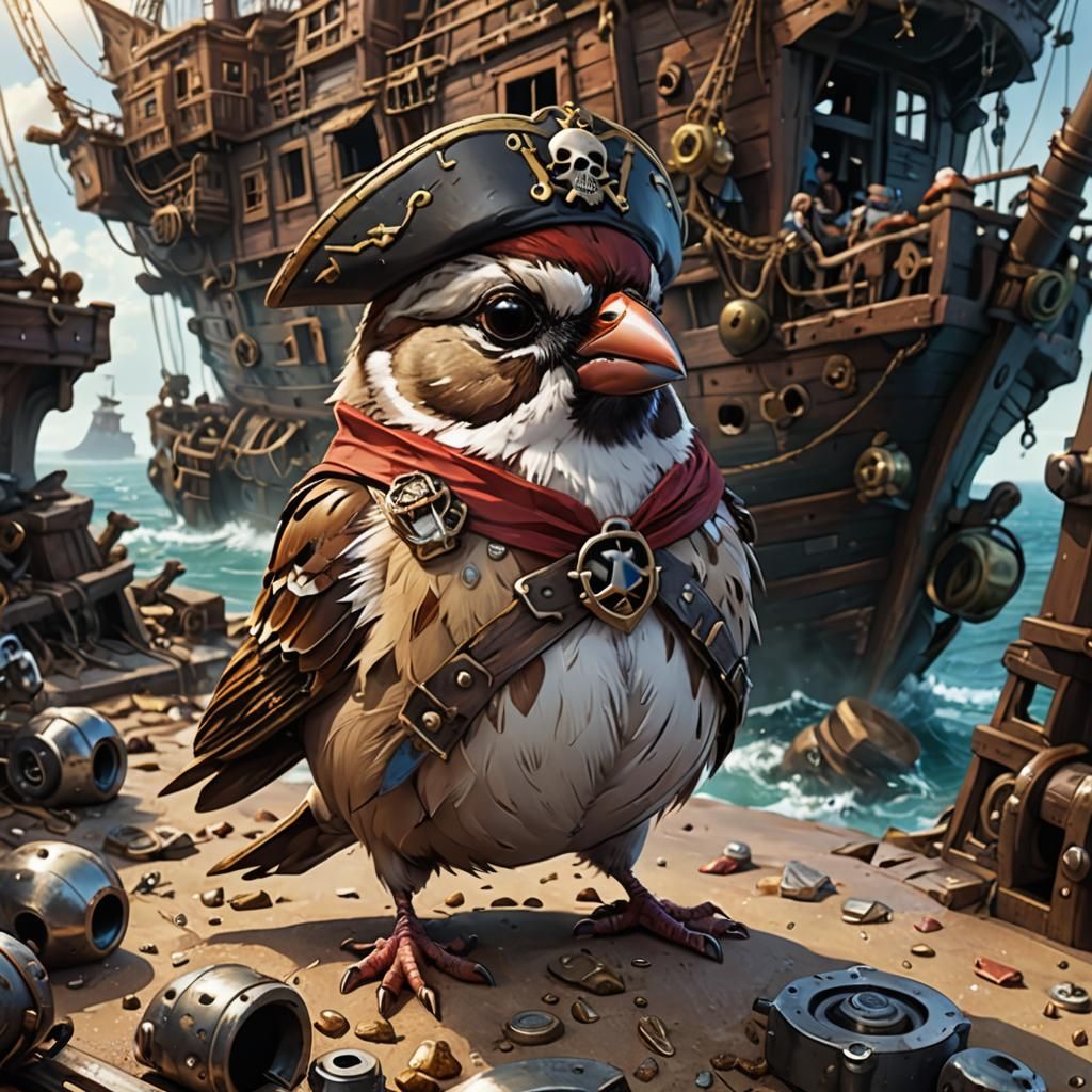 Chibi Sparrow Pirate at Shipwreck, Digital Illustration