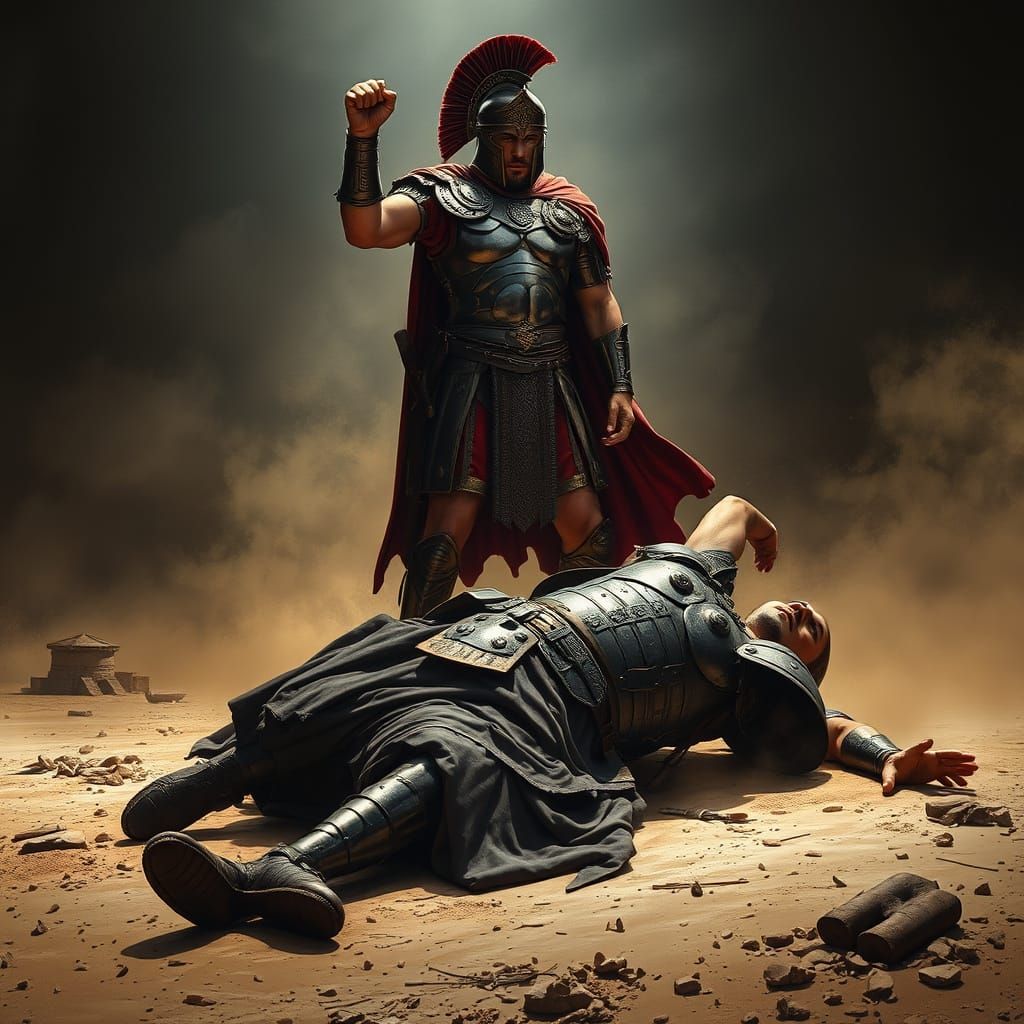 Triumphant Gladiator in Hyperrealistic Ancient Arena