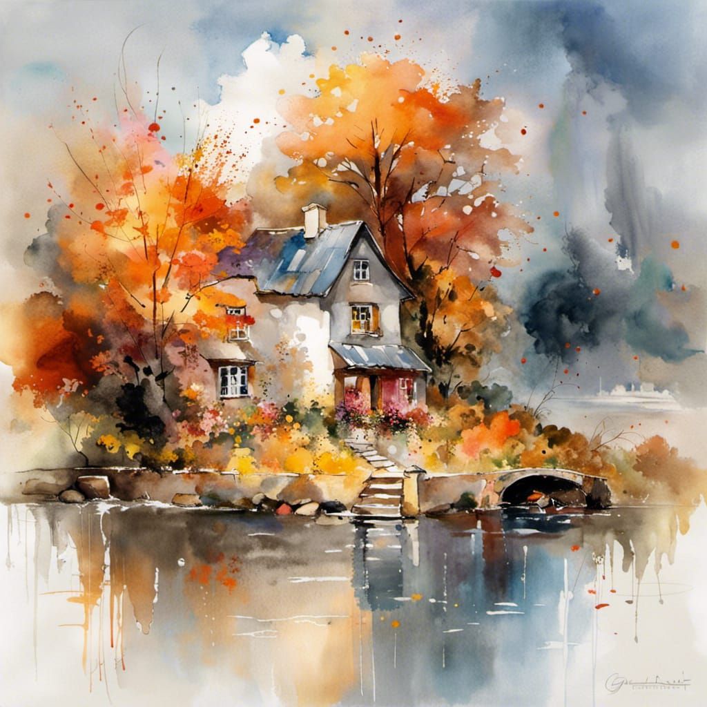 Autumn Lakeside Cottage: Watercolor Splash Art