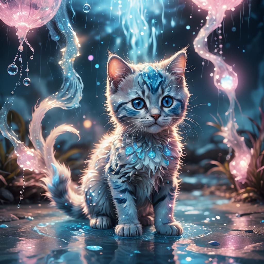 Sparkly Spirit Kitten Beside Glowing Puddle