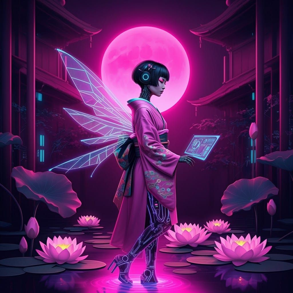 Cybernetic Geisha in Dreamlike Japanese Garden
