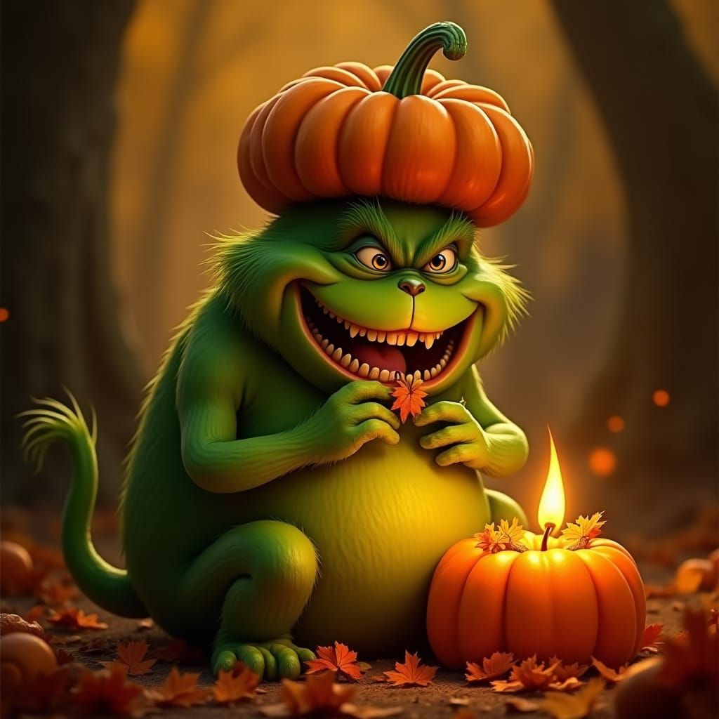 Grinning Grinch Devours Pumpkin in Seuss-inspired Scene