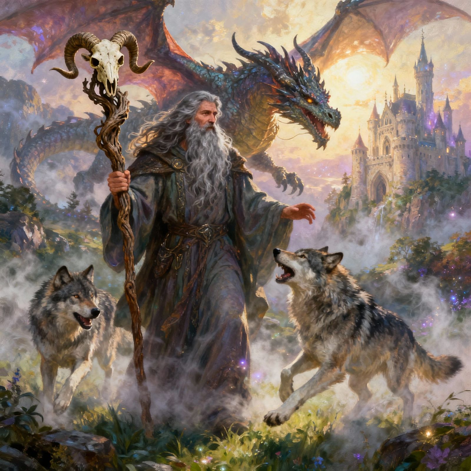 Druid Battles Dragon with Wolves Beside Castle
