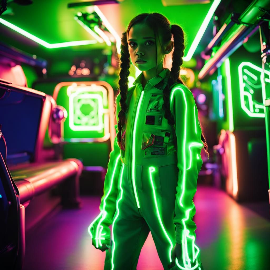 Futuristic Pippi Longstocking in Bioluminescent Suit
