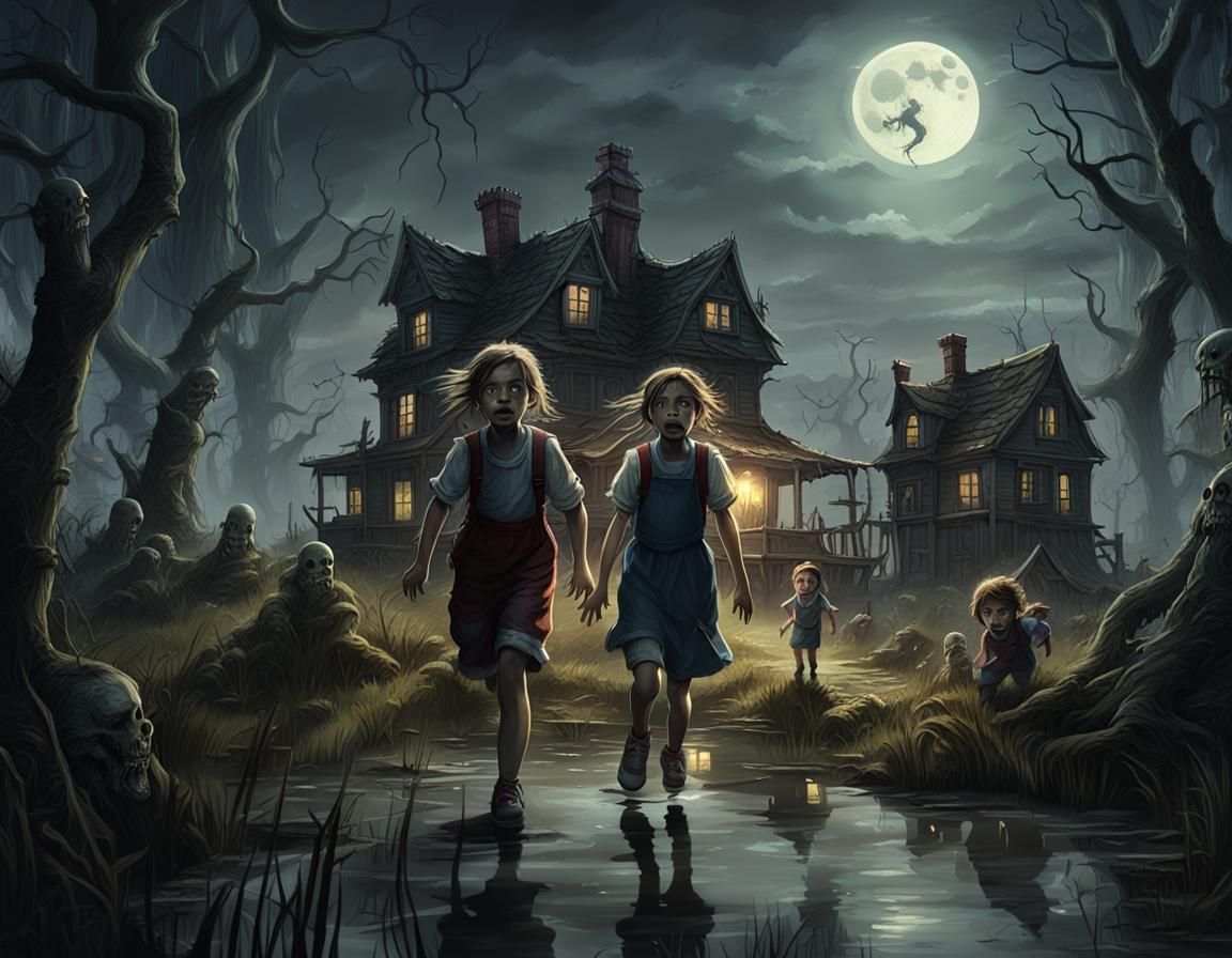 Frightened siblings escaping the haunted house