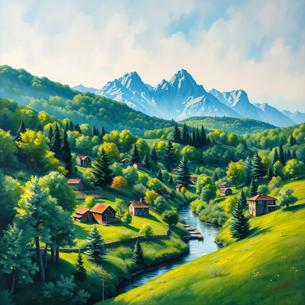 Impressionist Landscape with Quaint Village and Majestic Mou...