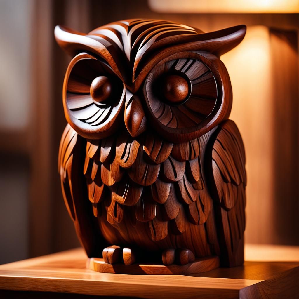 Detailed Wooden Owl Sculpture on Pedestal