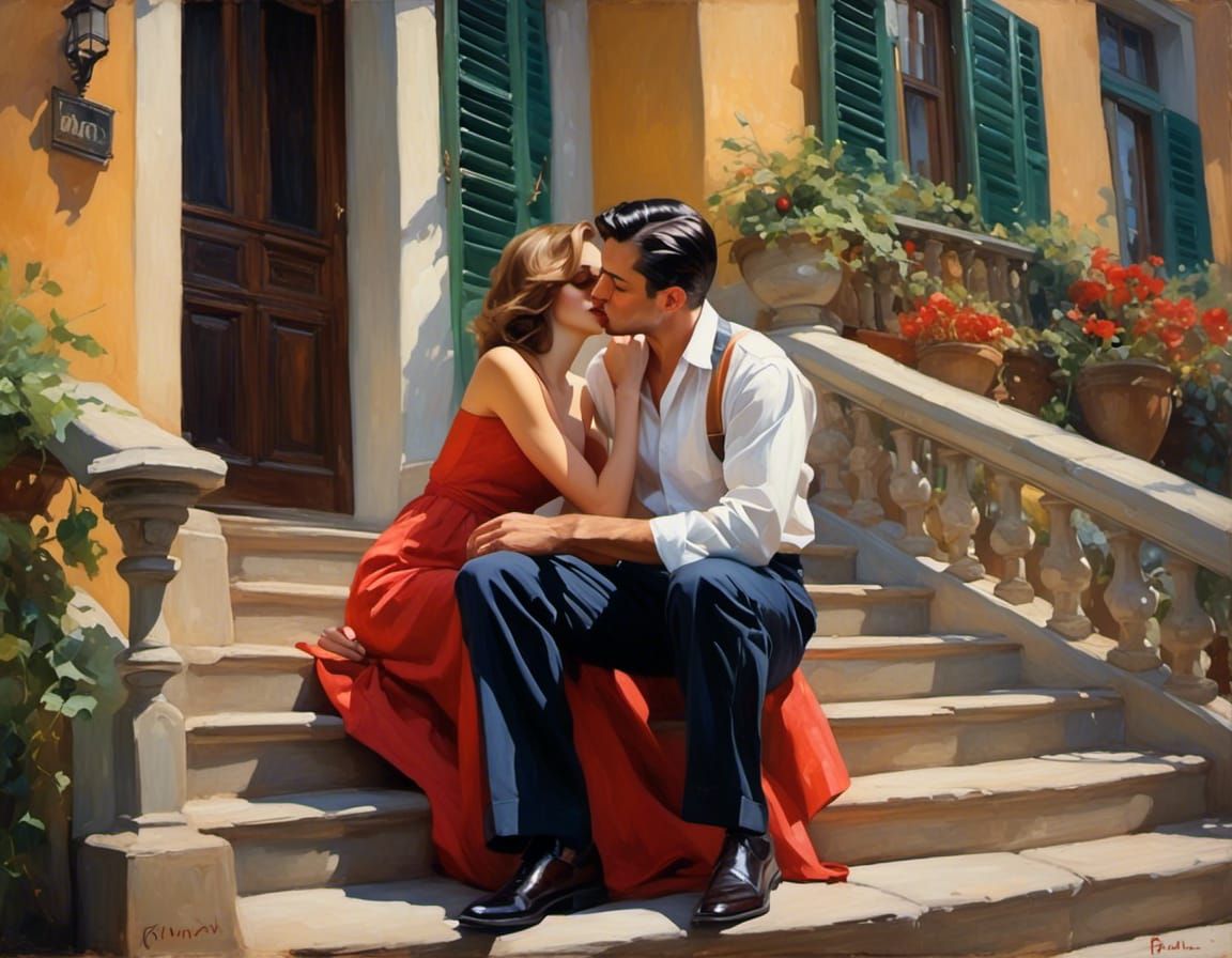 Romantic Embrace on the Steps