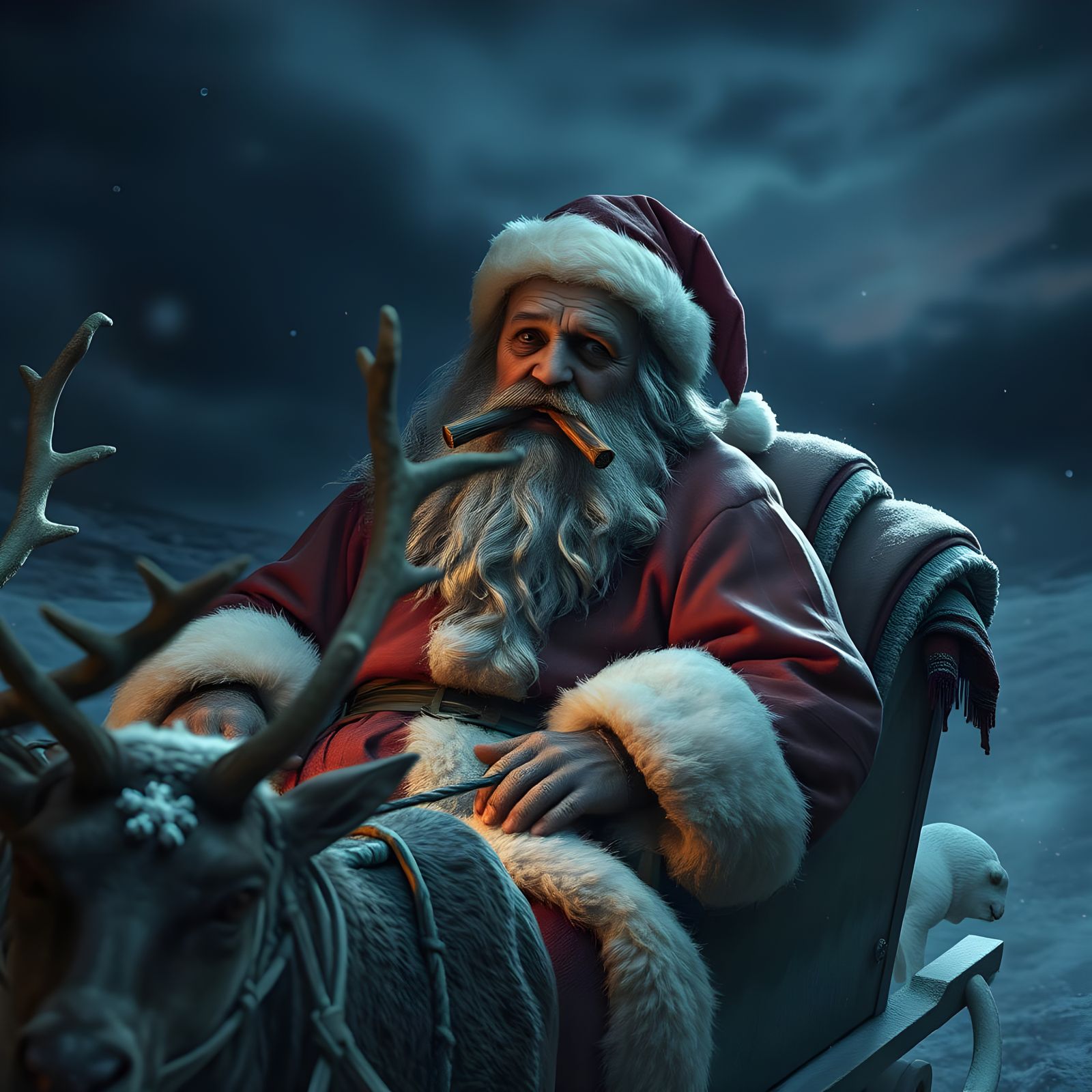 Surreal Christmas Santa in Tattered Gear with Zigarre Sleigh...