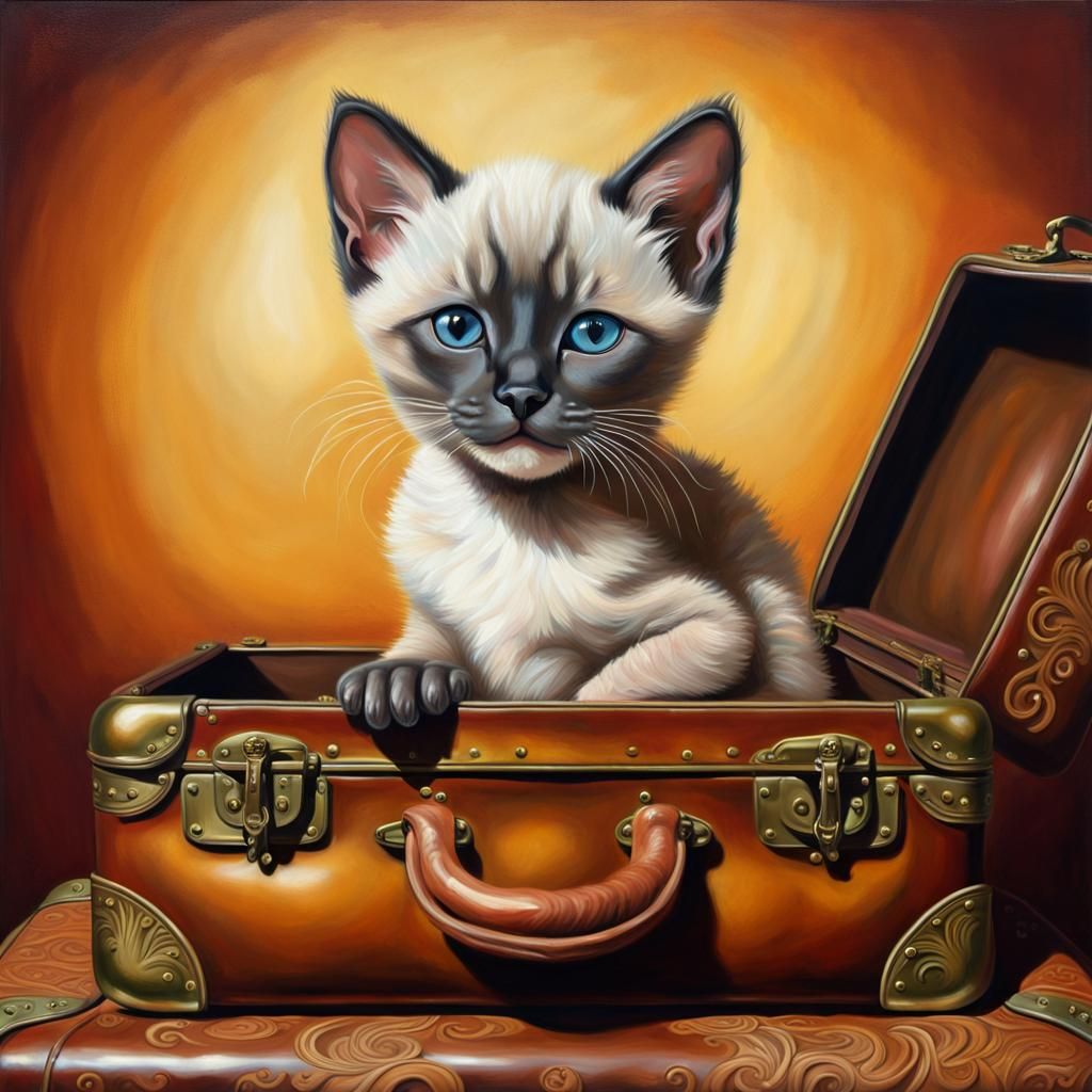 Siamese Kitten Emerges from Antique Suitcase