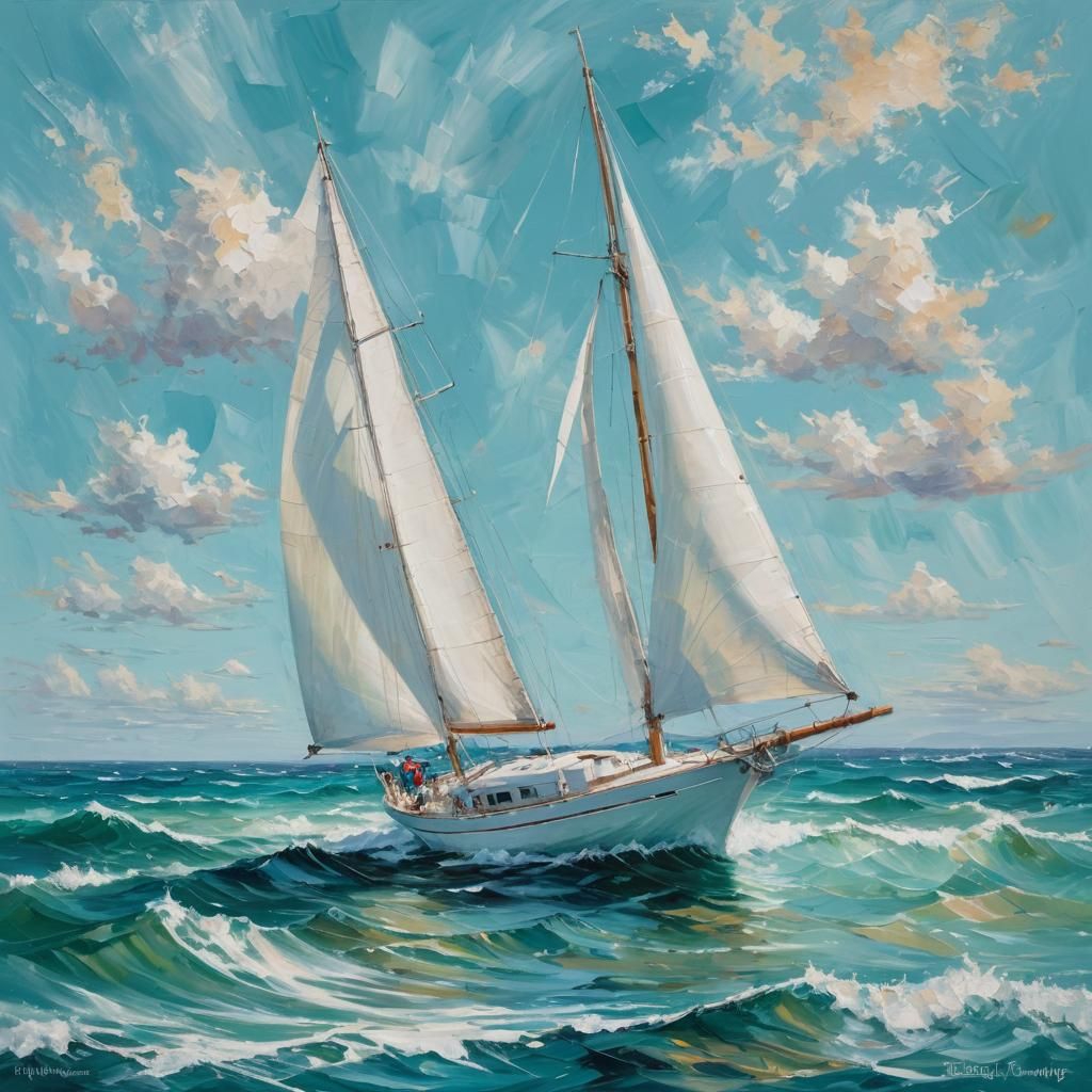 White Sailboat on Turquoise Waters as Impasto Painting