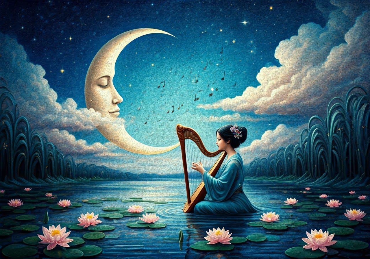 Surreal Chinese Woman Harpist in Lake Oil Painting