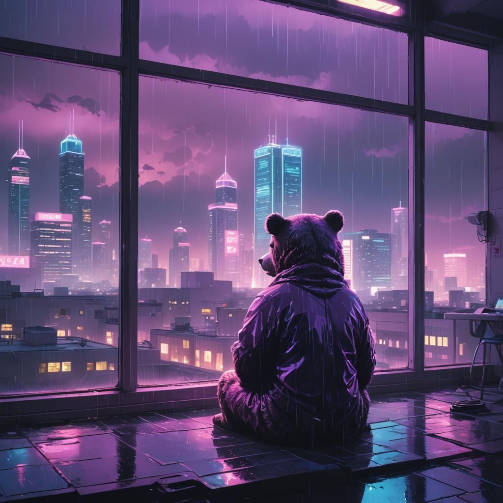 Melancholic Bear Gazes from Neon Hospital Window
