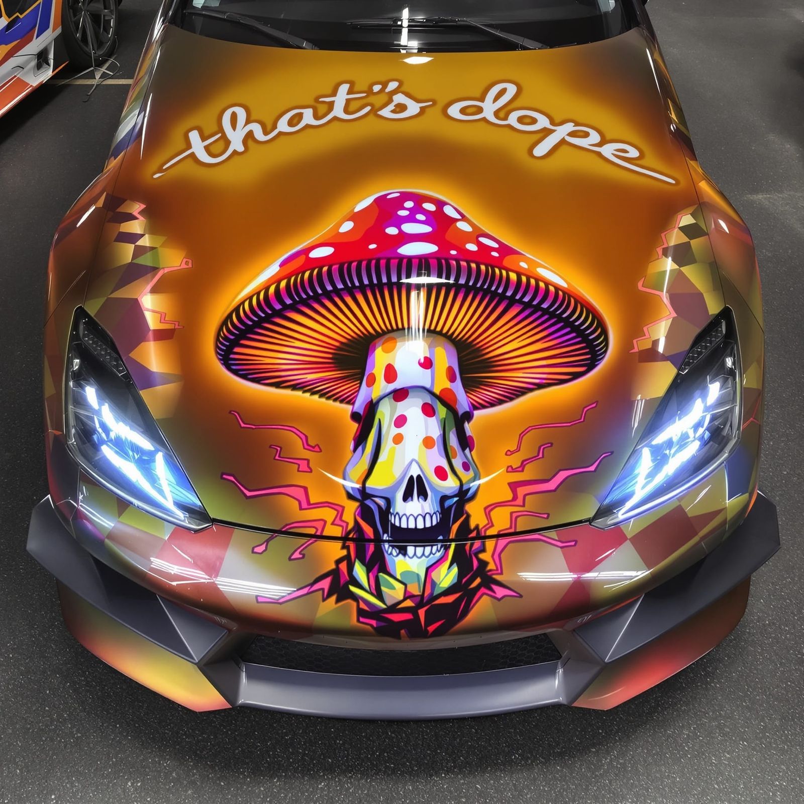 Neon Sports Car with Mushroom Airbrush Art
