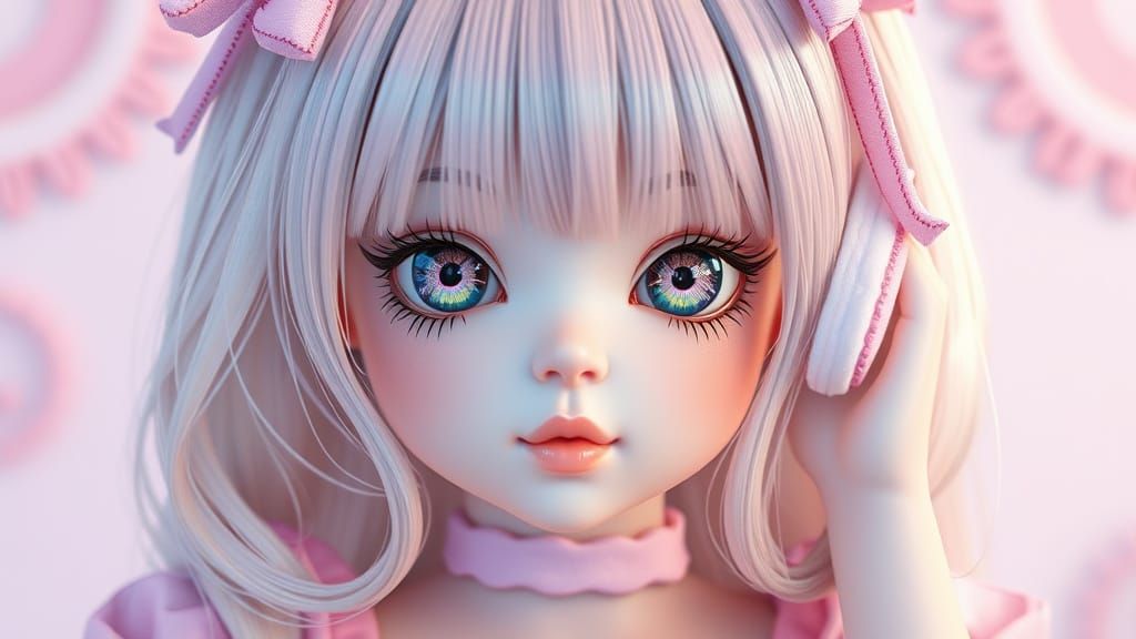 Vibrant Pastel Chibi Doll in Whimsical Scene