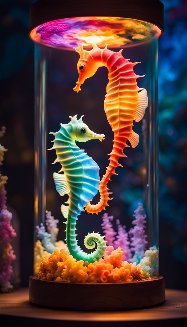 Bioluminescent Seahorses in Fantasy Lava Lamp