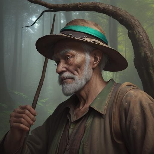 Hyperrealistic Old Man Walking in Forest