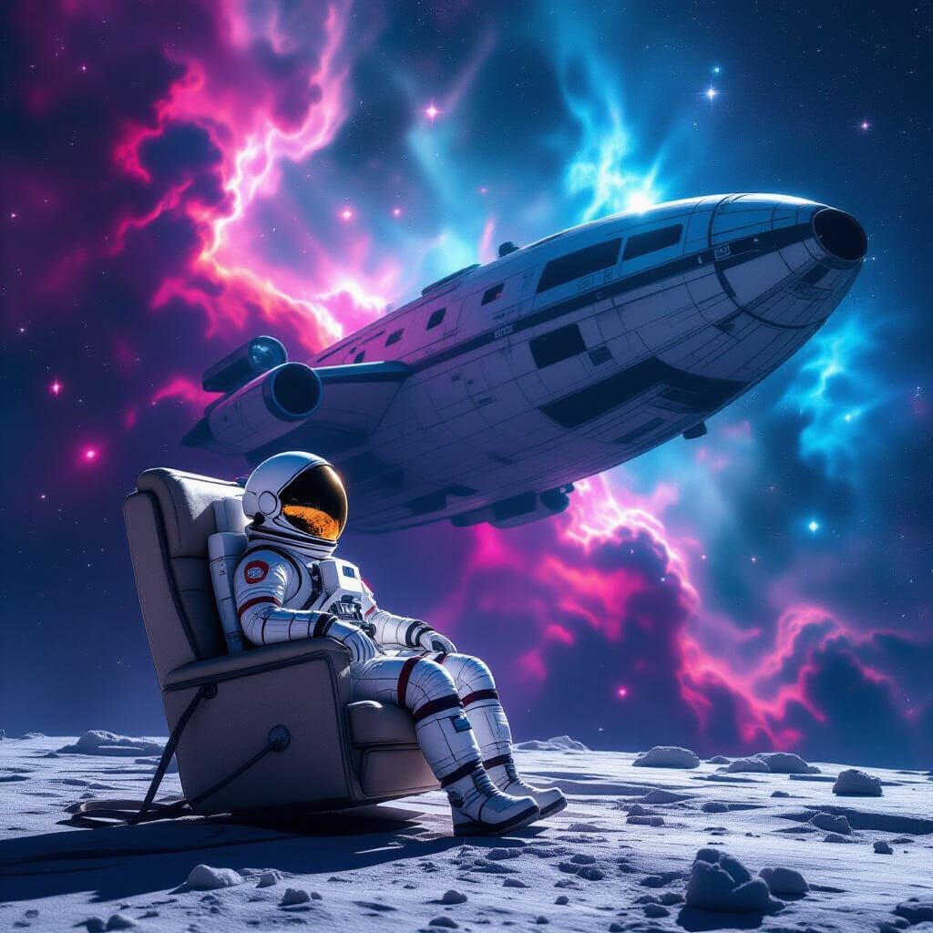 Astronaut Drifts Near Armchair Spaceship Amidst Cosmic Nebul...