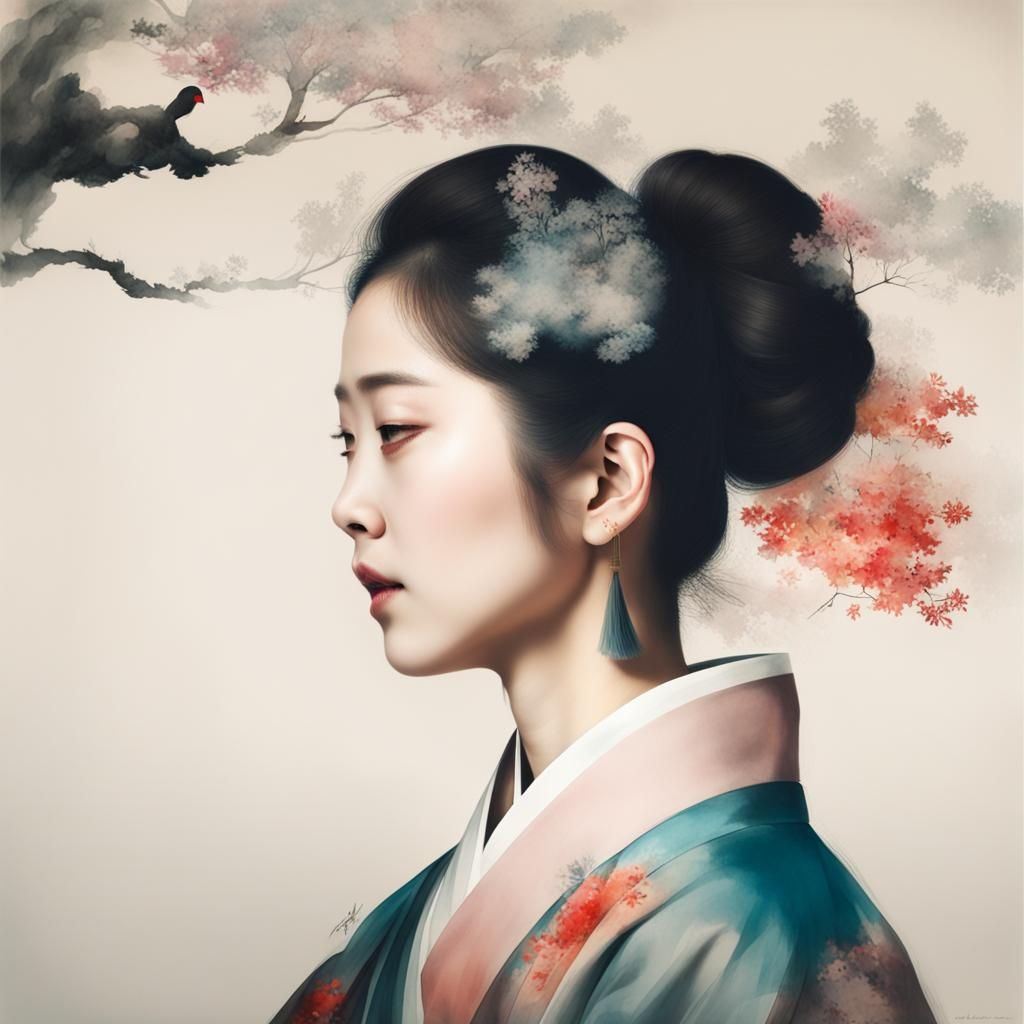 Korean Woman in Double-Exposure Traditional Painting