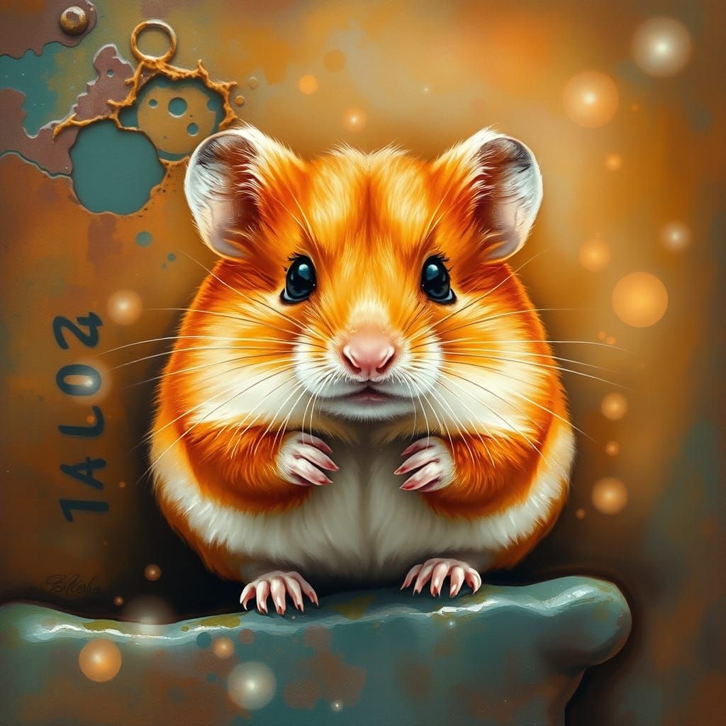 Amber Hamster with Copper Background, Impasto Watercolor