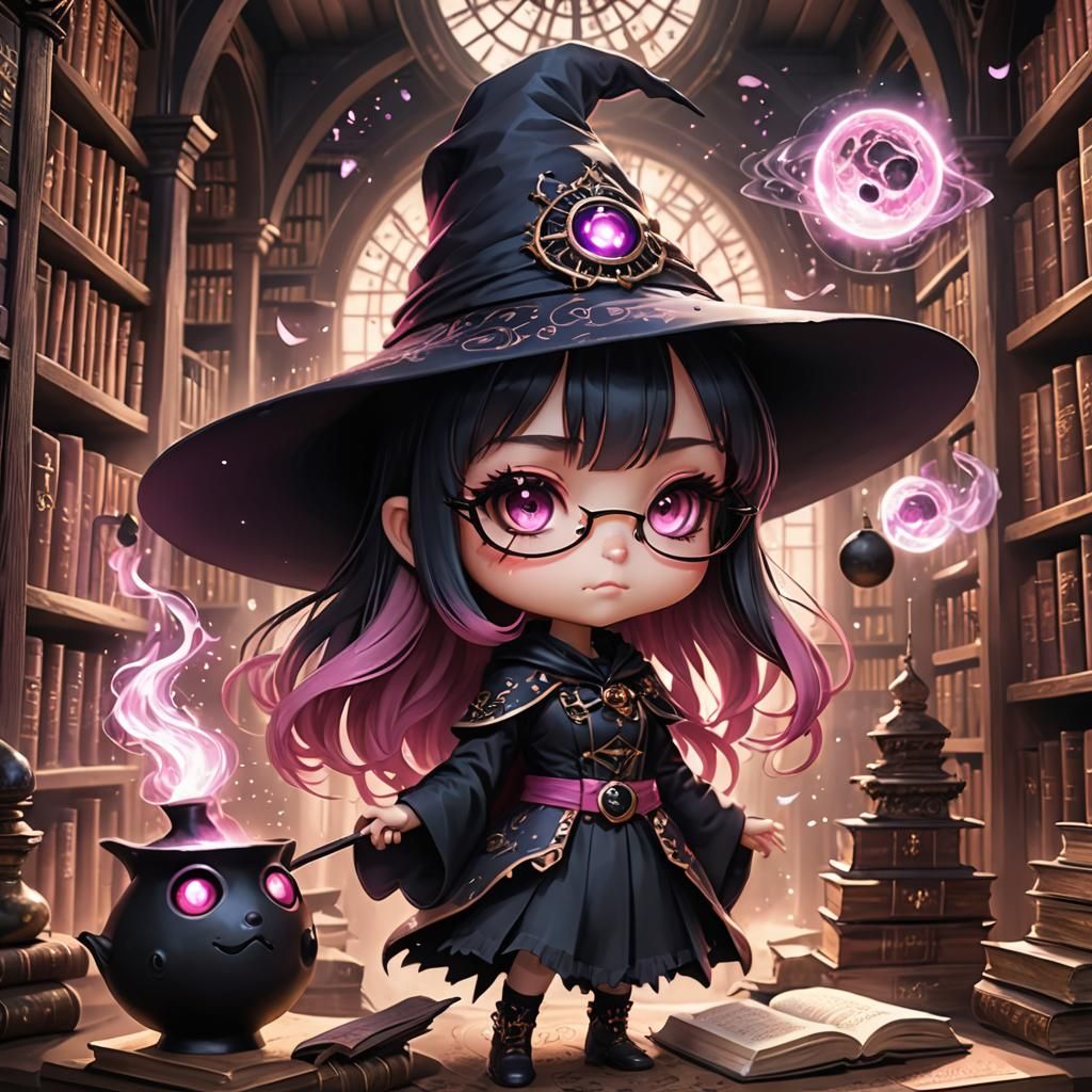 Charming Chibi Witch in Ancient Library, Digital Art