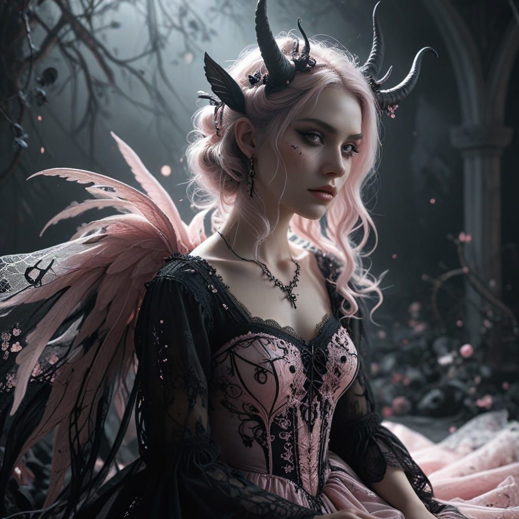 Pastel Goth Woman with Occult Symbols in Dreamlike Scene