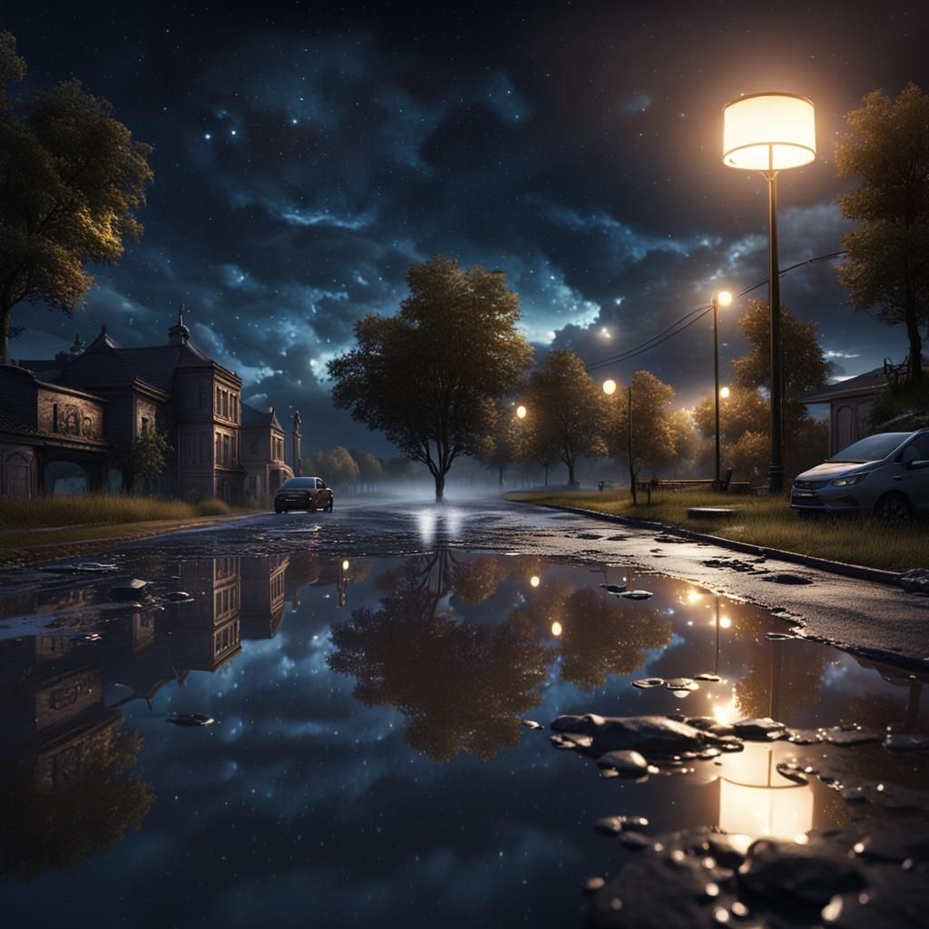 Night Sky Reflection on Wet Asphalt in Detailed Painting