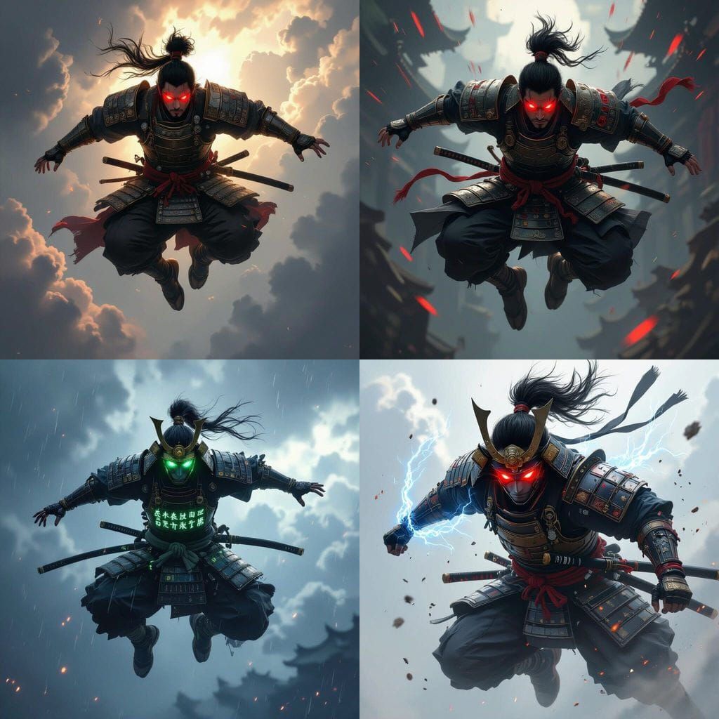 Samurai in Armor Free Falling with Glowing Eyes