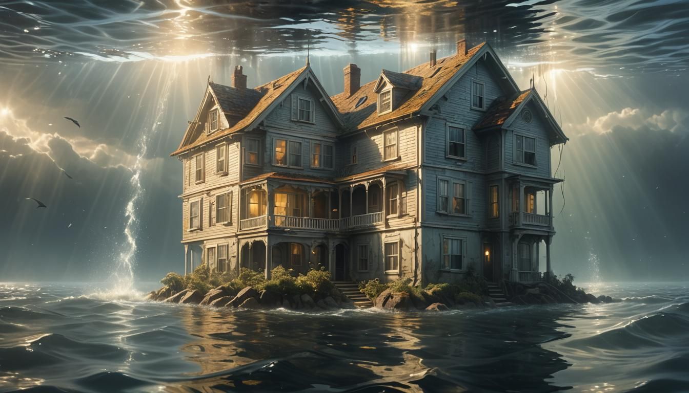 Eerie Submerged Haunted House with Ghosts