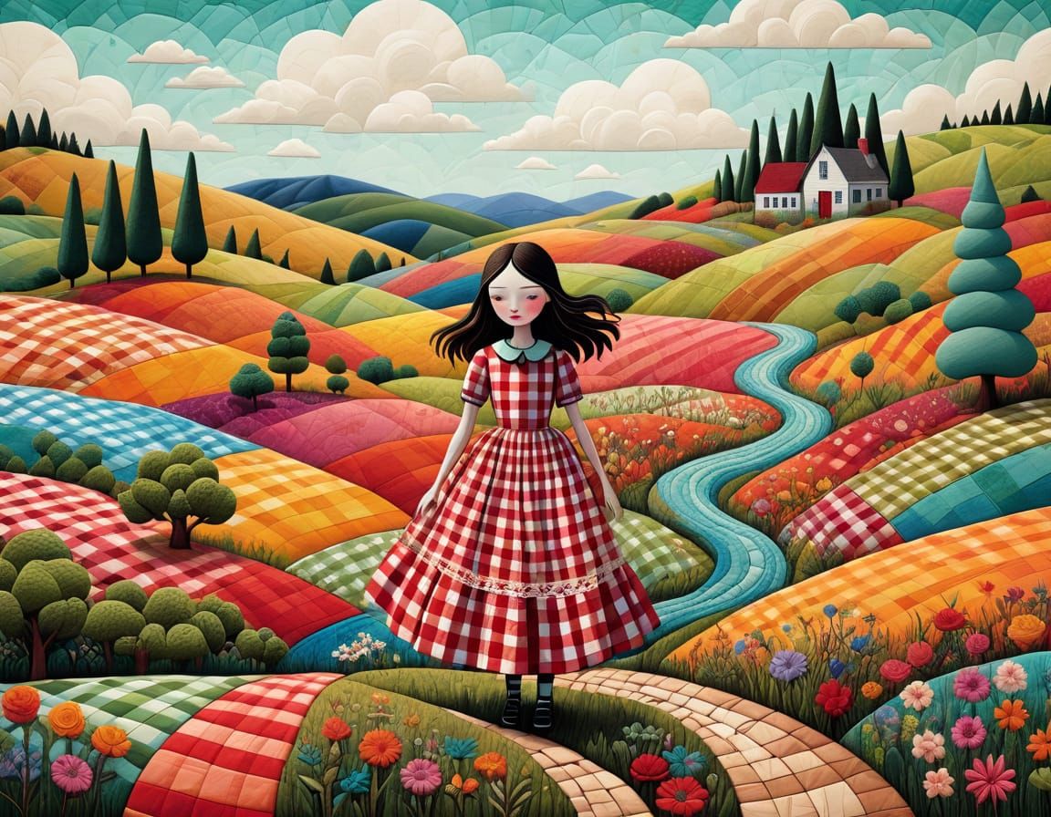 Vibrant Folk Art Scene of a Young Girl in a Gingham Dress