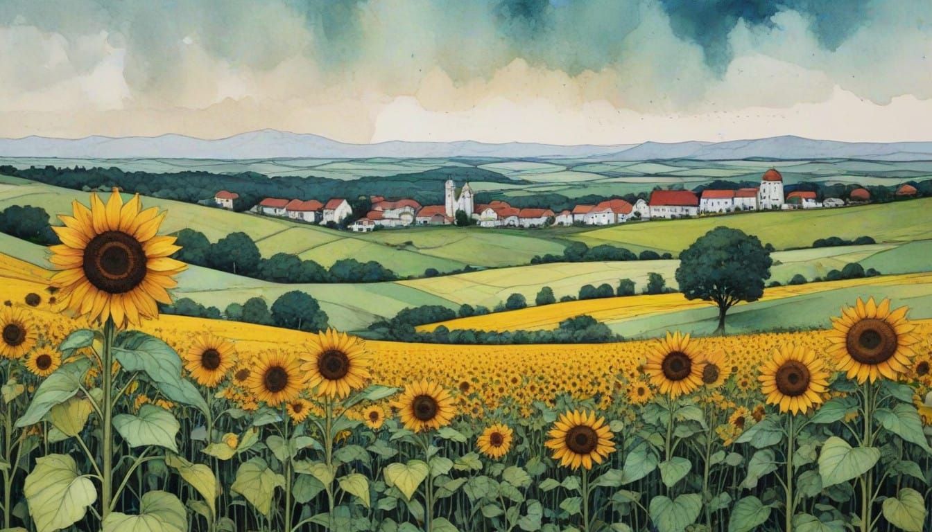 Whimsical Farm Landscape in Intricately Detailed Ink Texture