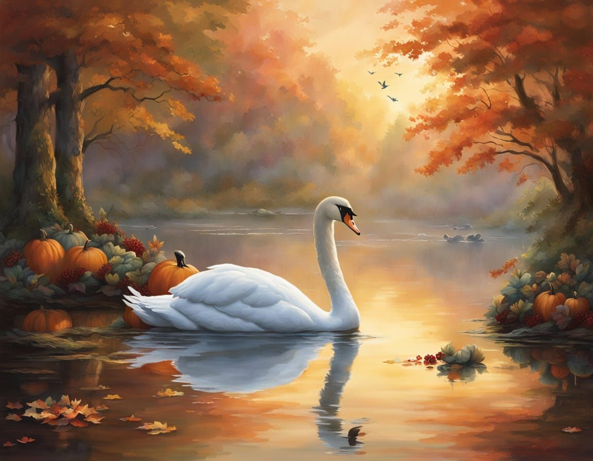 Majestic Swan on Misty Lake at Dawn