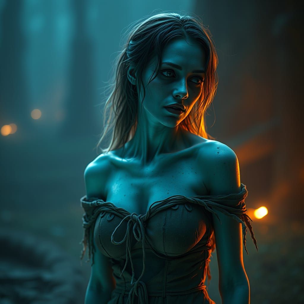 Bioluminescent Zombie Woman in Atmospheric Scenery