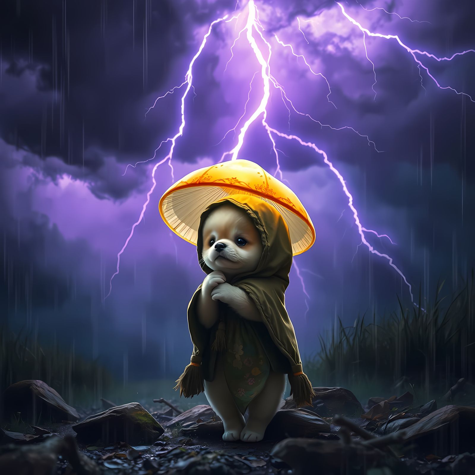 Mystical Pomchi Seeks Shelter Under Vibrant Mushroom Umbrell...