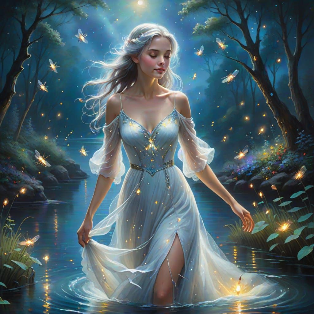 Woman Walks on Water in Ethereal Oil Painting
