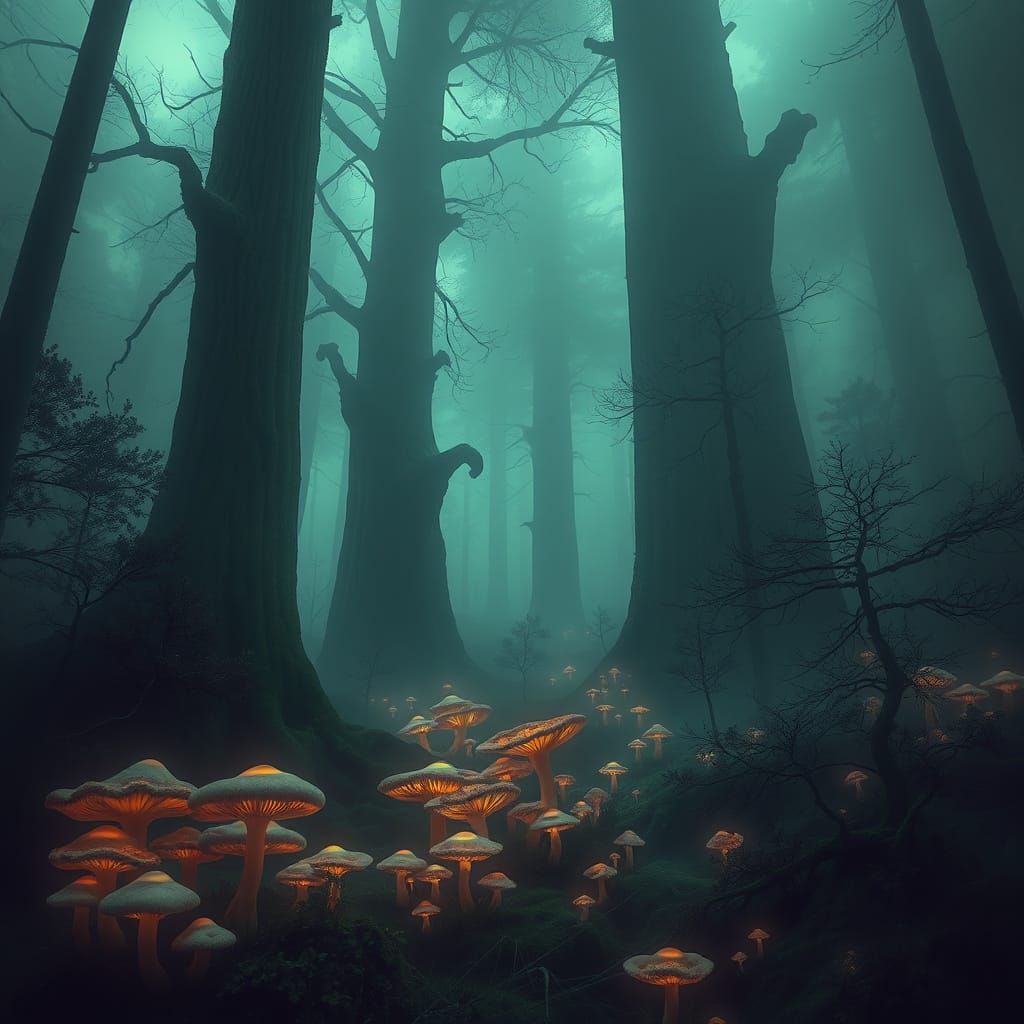 Surreal Foggy Forest with Luminous Fungi