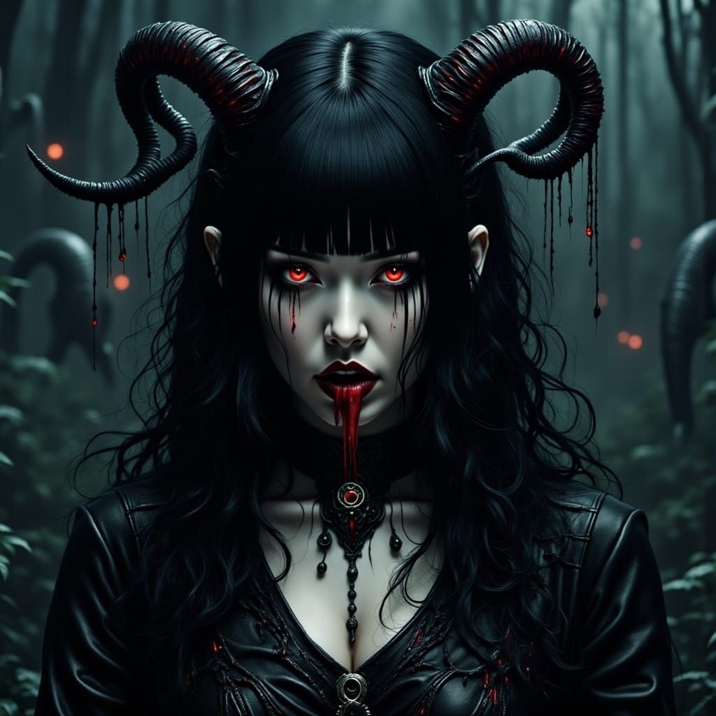 Gothic Horror Lady with Glowing Eyes and Skull Tattoos